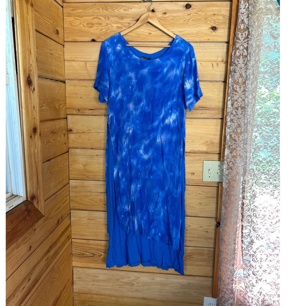 Vintage Maxi Dress Womens Large Cobalt Blue Abstract Crinkle Rayon AYSHA